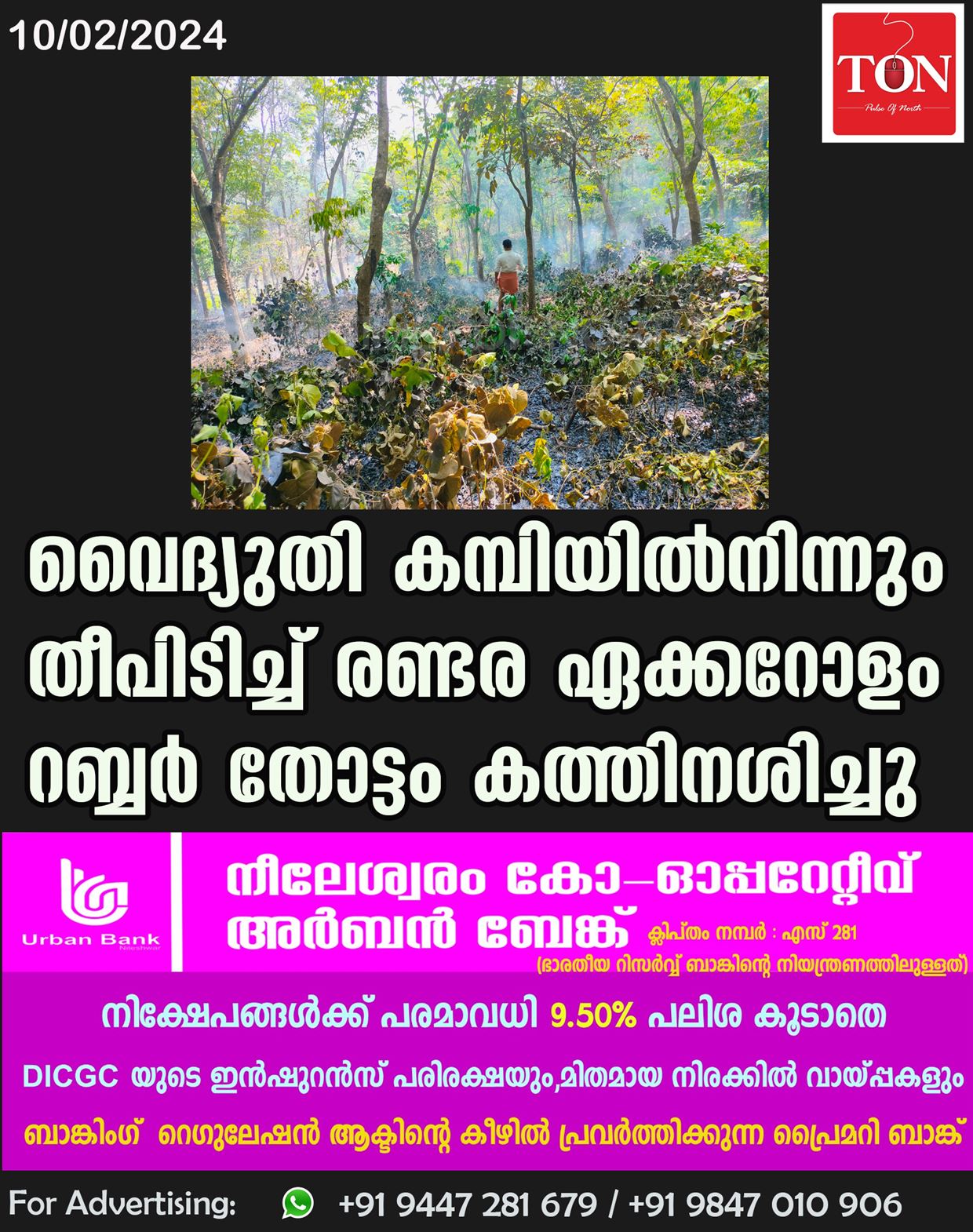 വൈദ്യുതി കമ്പിയിൽനിന്നും തീപിടിച്ച് രണ്ടര ഏക്കറോളം റബ്ബർ തോട്ടം കത്തിനശിച്ചു