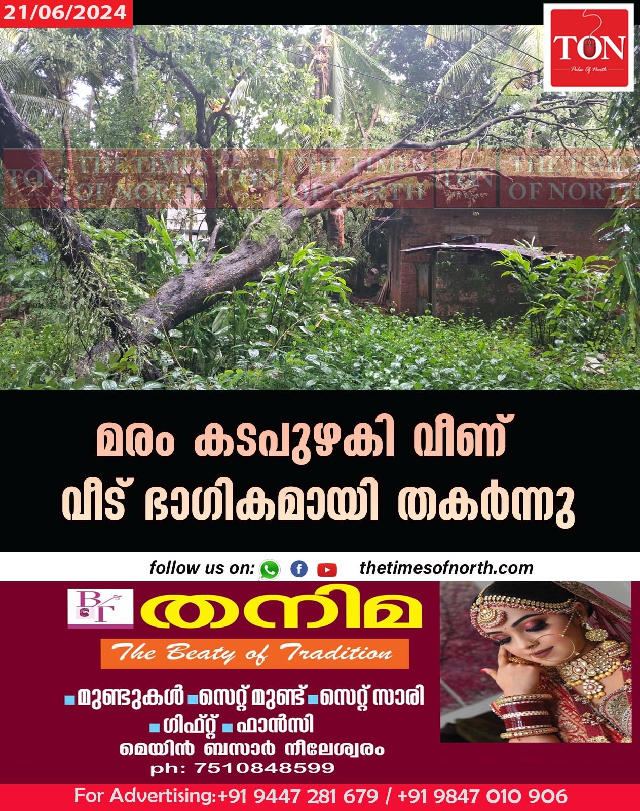 മരം കടപുഴകി വീണ് വീട് ഭാഗികമായി തകർന്നു