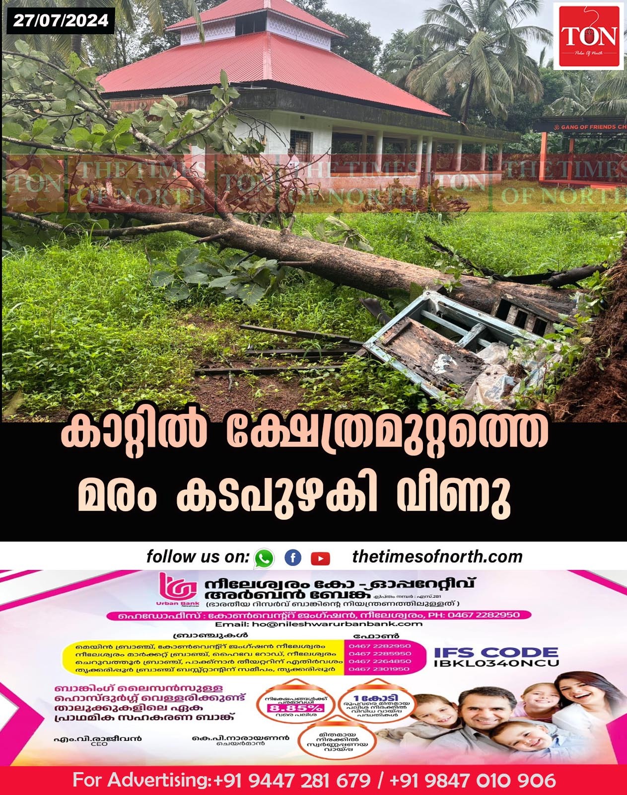 കാറ്റിൽ ക്ഷേത്രമുറ്റത്തെ മരം കടപുഴകി വീണു